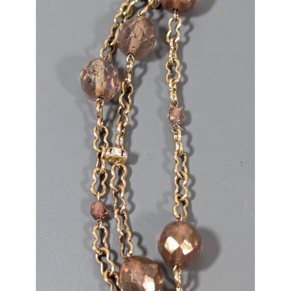 Retro Antiqued Gold Tone Beige Glass Bead Layered Necklace 19" Crystal Accent - Picture 8 of 9